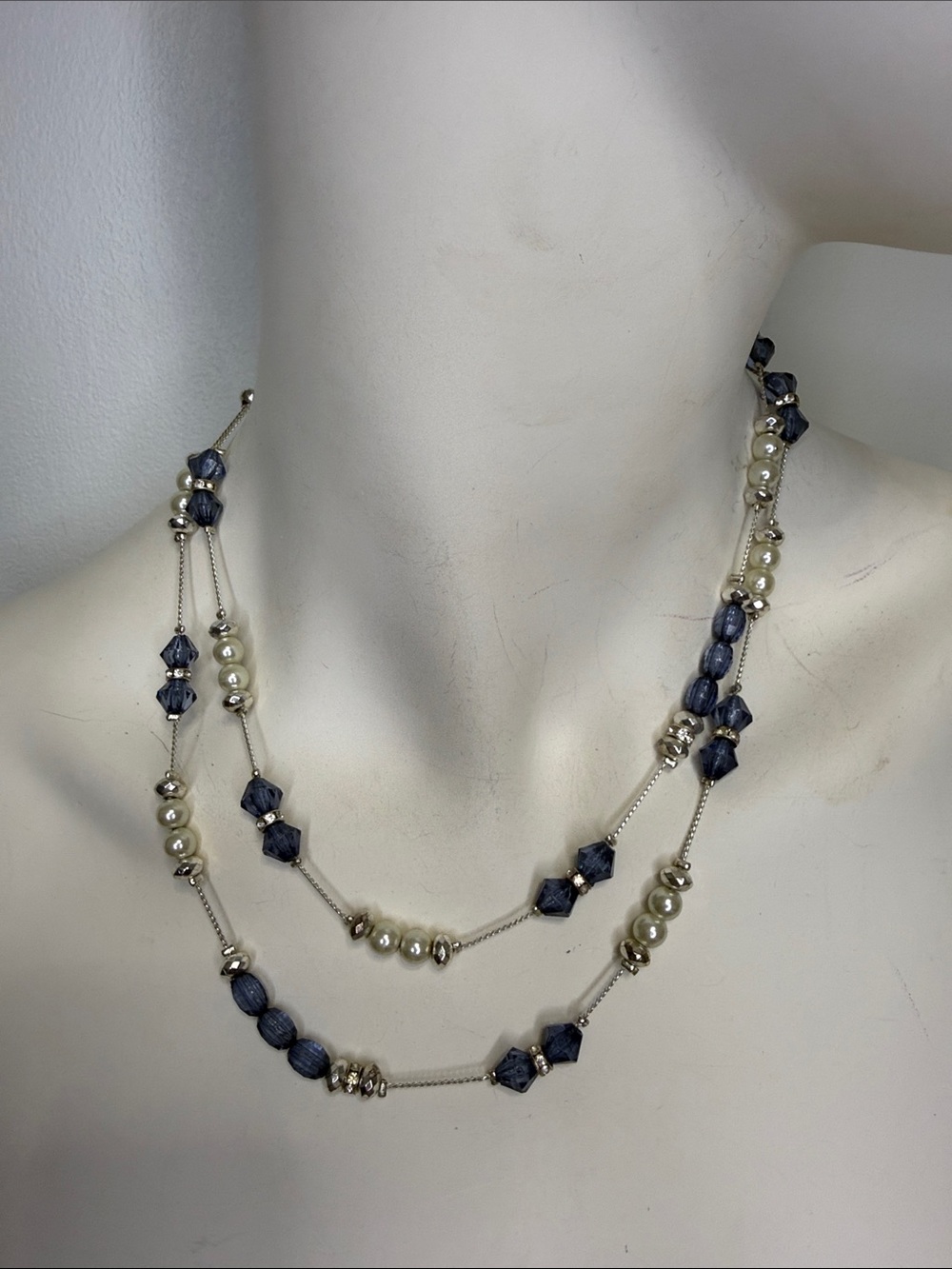 Ralph Lauren Chaps Necklace Silvertone with blue beads and pearls